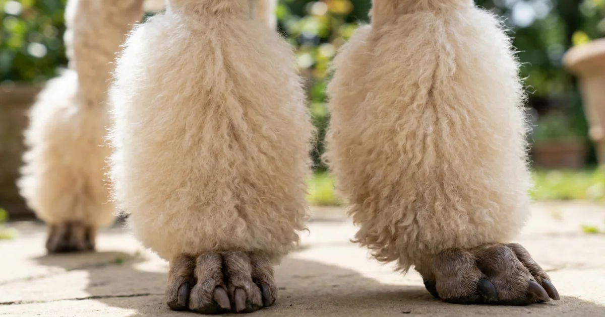 close-up of a poodle's sculpted leg puffs in a lamb cut showing the longer leg hair and shaved foot