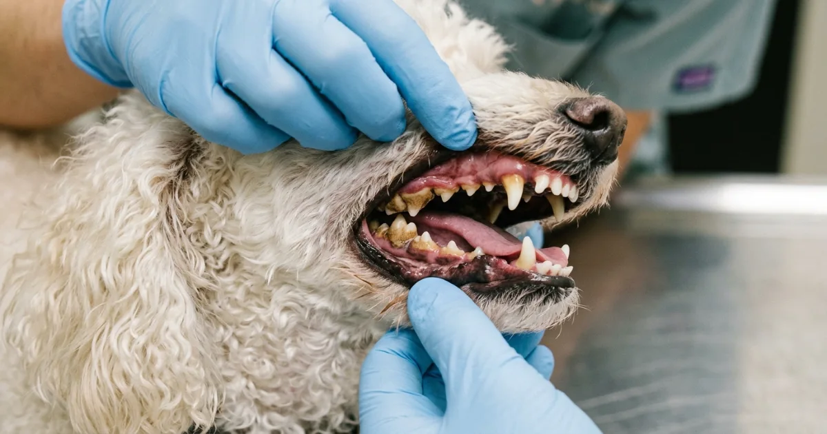 Veterinarian performing a dental examination on a poodle under anesthesia