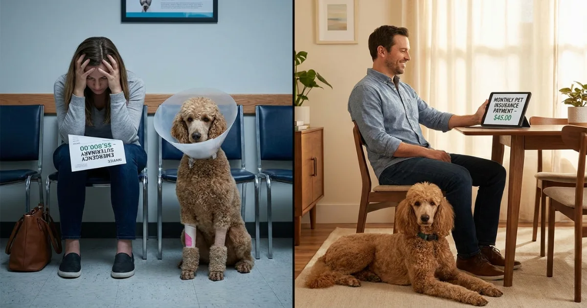 Cost comparison infographic showing Poodle pet insurance benefit vs paying out of pocket for bloat surgery