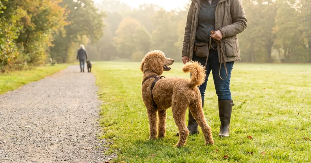 poodle owner practicing distance management by stepping off path when another dog approaches