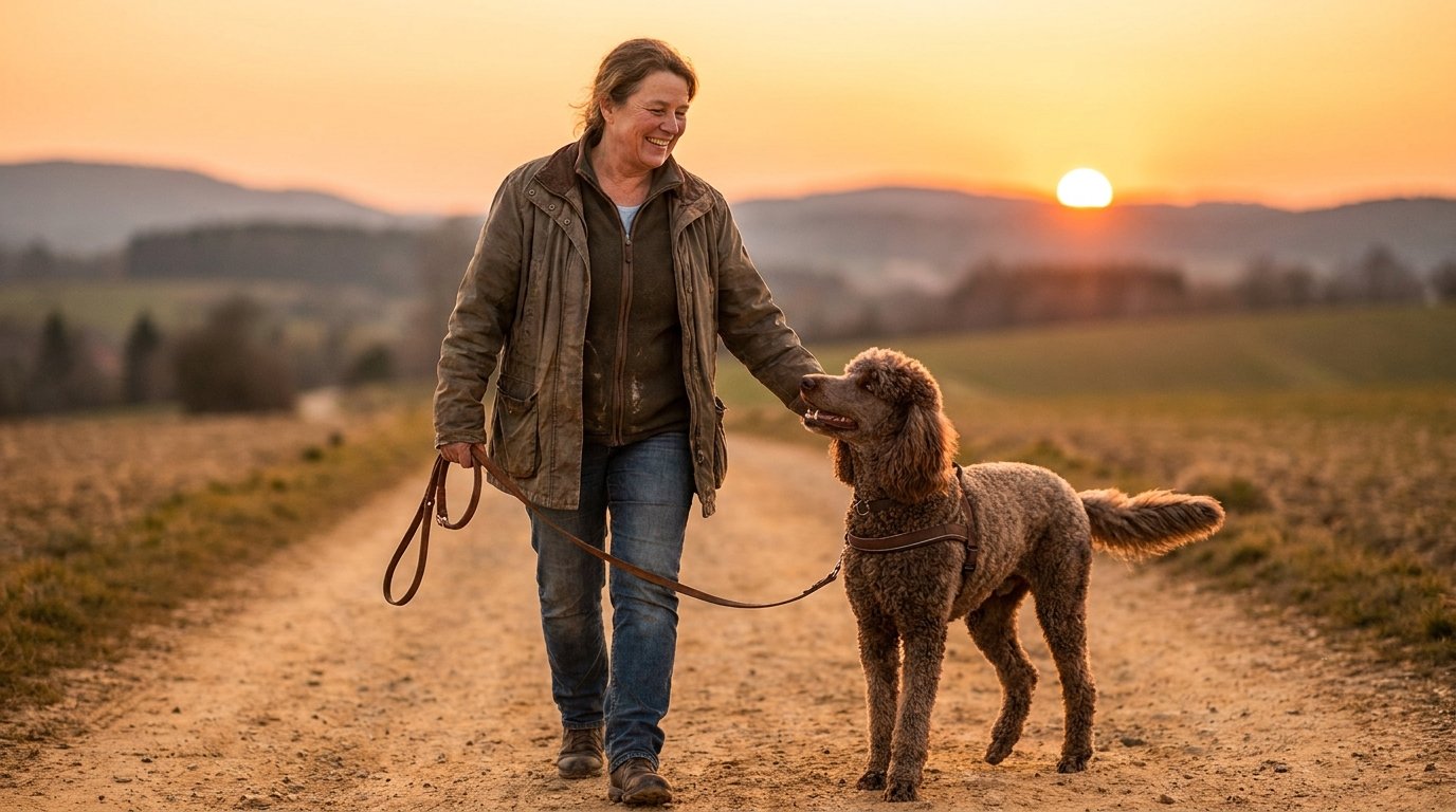 smiling poodle owner walking calm poodle on loose leash at sunset after successful leash reactivity training