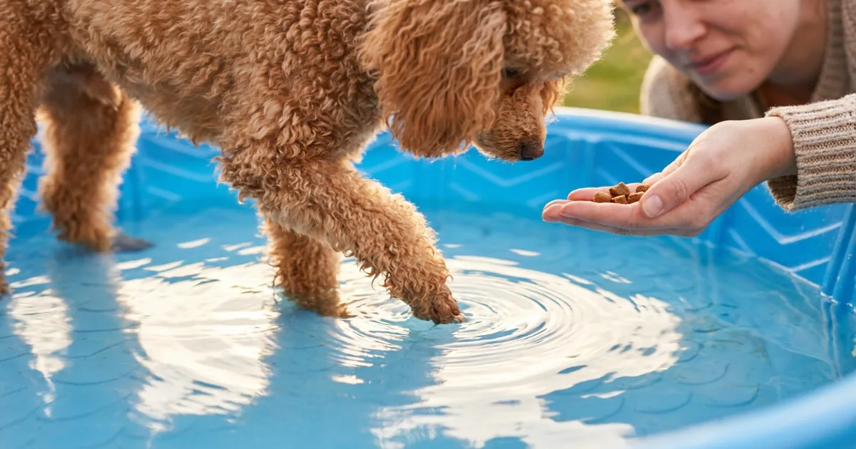 standard poodle swimming in a calm lake toward a floating toy