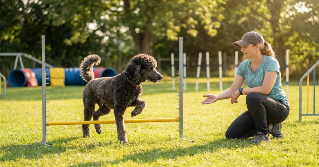 Poodle agility training starter equipment kit with tunnel, jump, and weave poles in backyard