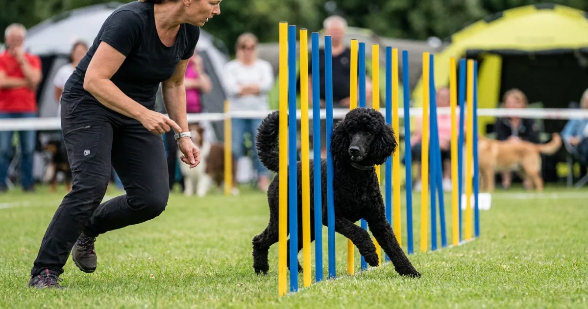 Poodle agility training weave poles with handler guiding from the side