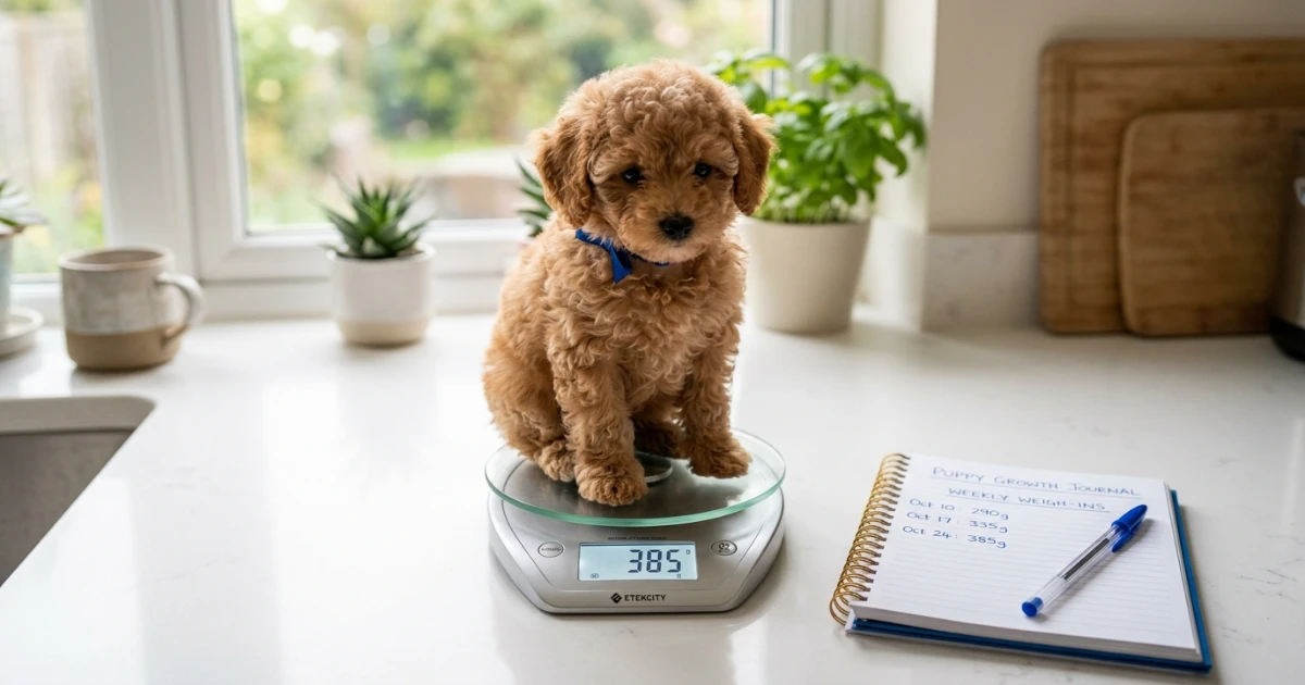Poodle puppy on a digital scale with growth tracking notebook and chart beside it