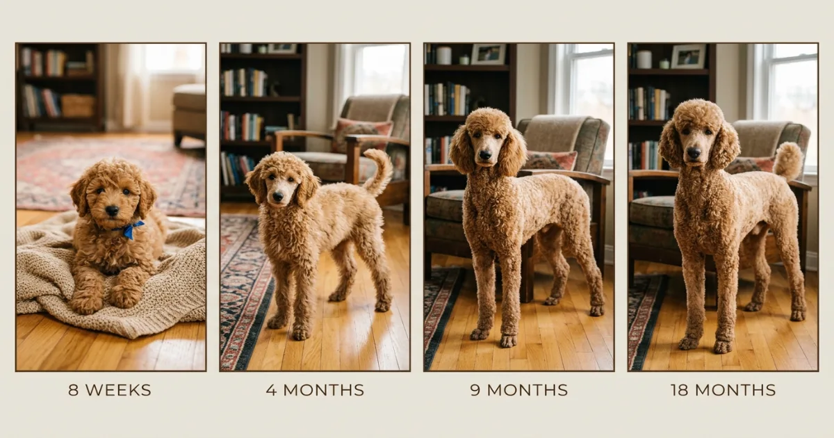 Standard Poodle puppy growth progression from 8 weeks through 18 months showing size changes