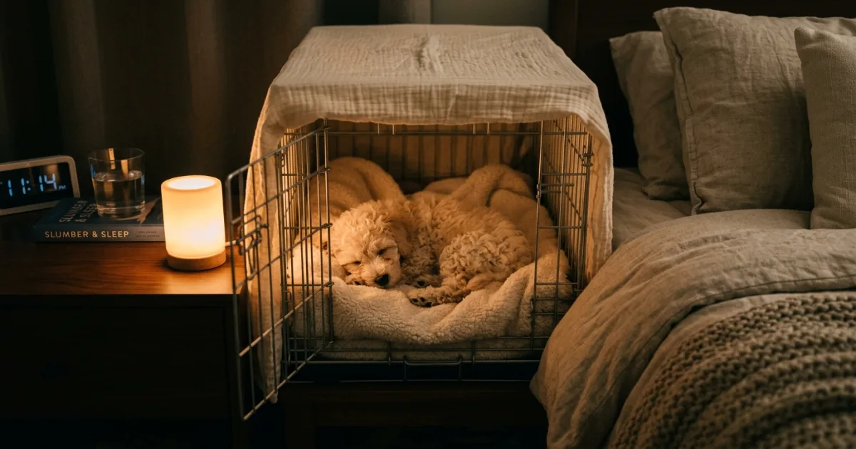 senior poodle resting on thick orthopedic crate mat with door open