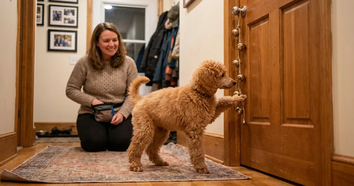 Poodle reaching up with a paw to jingle hanging door bells as a potty signal
