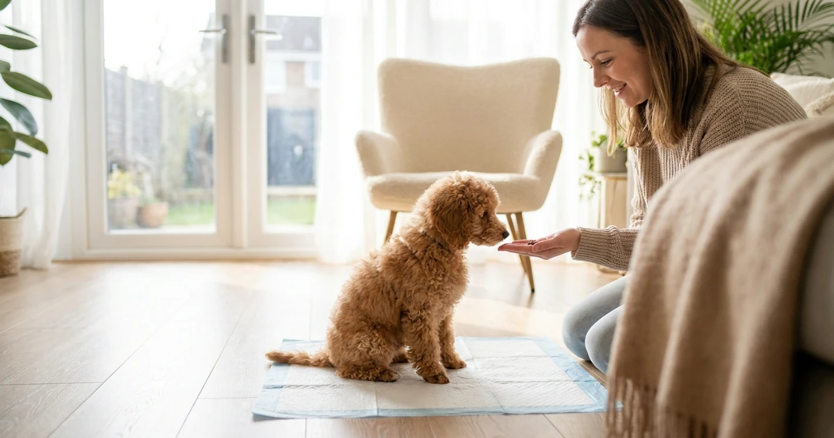 Happy Poodle puppy receiving a training treat while on a grassy lawn after successfully going potty outside