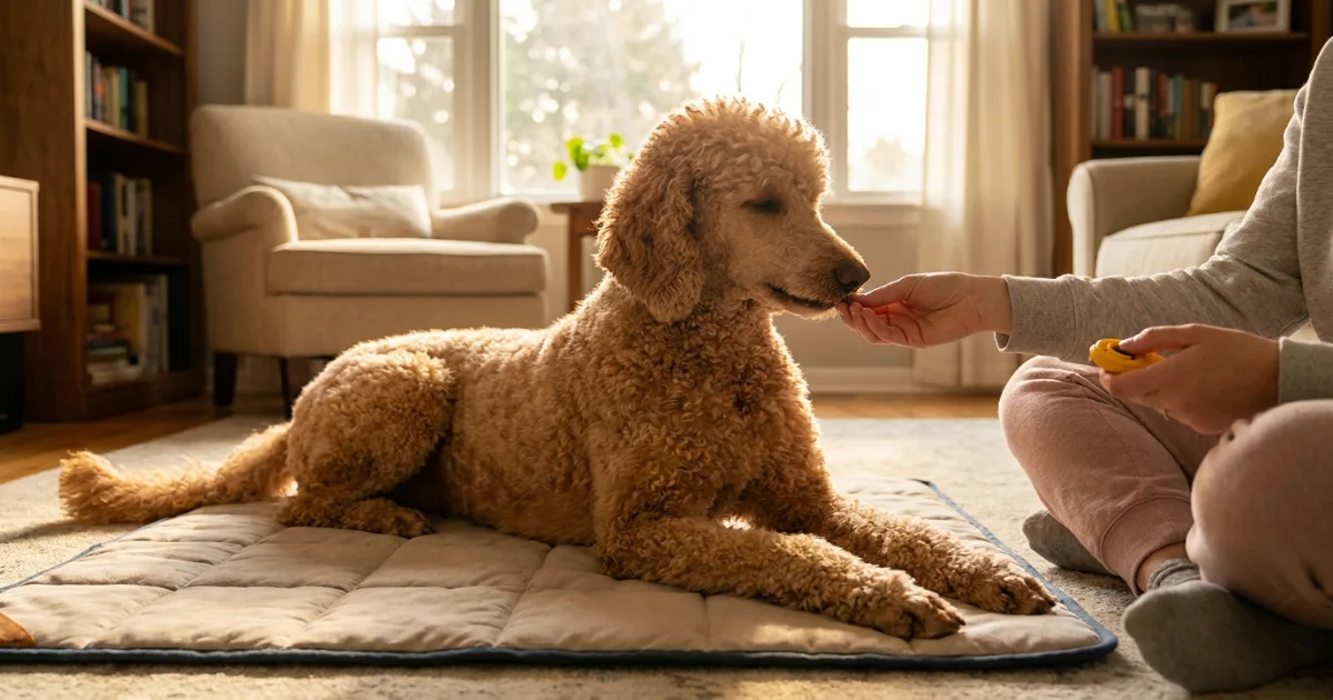 Standard Poodle lying calmly on a mat being rewarded with a treat after a click for relaxed behavior