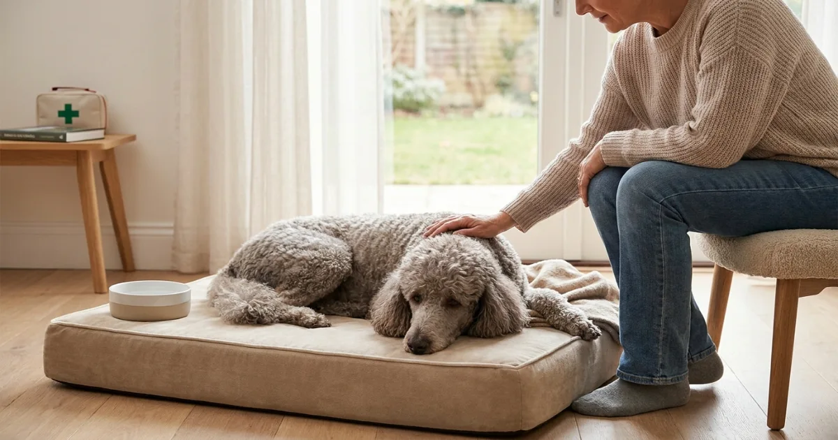 Owner gently comforting a recovering Poodle wrapped in a soft blanket after a seizure episode