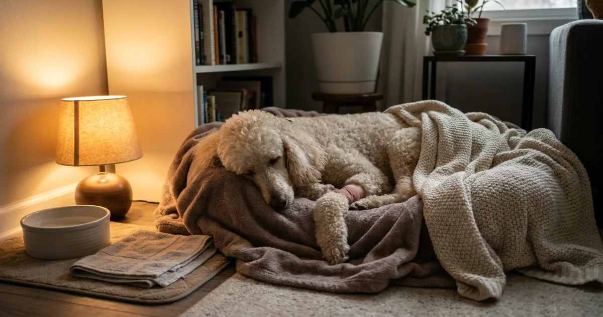 Standard Poodle resting calmly on a soft bed after recovering from a seizure episode