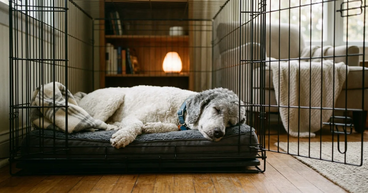 adult standard poodle lying calmly inside a roomy wire crate with door open