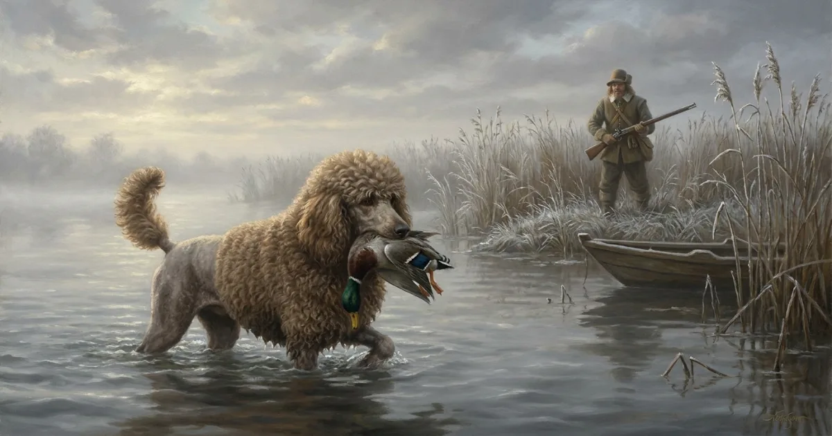 Miniature Poodle with a modern soft lion clip, showing a plush mane and lightly trimmed hindquarters