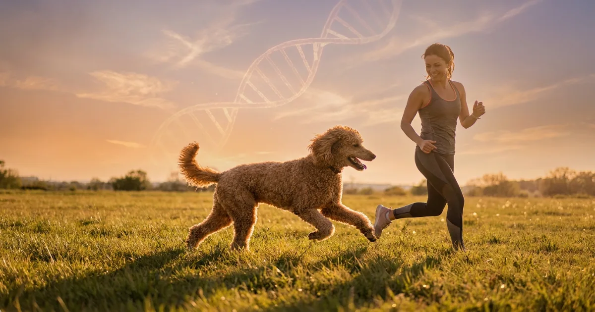 Healthy miniature poodle running in grass after comprehensive genetic testing clearance