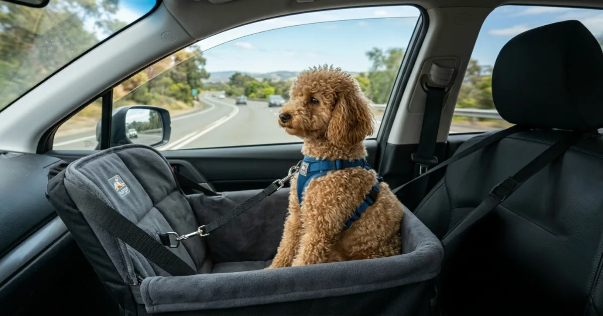 Poodle drooling and yawning inside a car, early sign of motion sickness