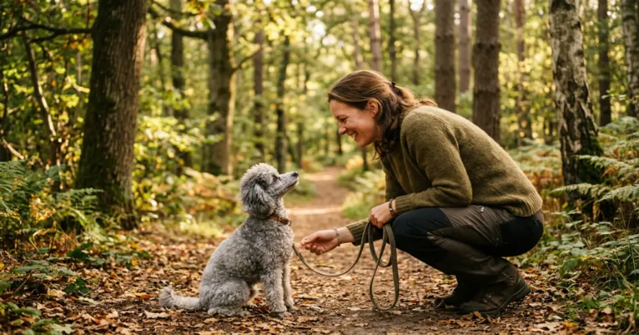 Hand offering high-value treat to poodle during off-leash recall training session