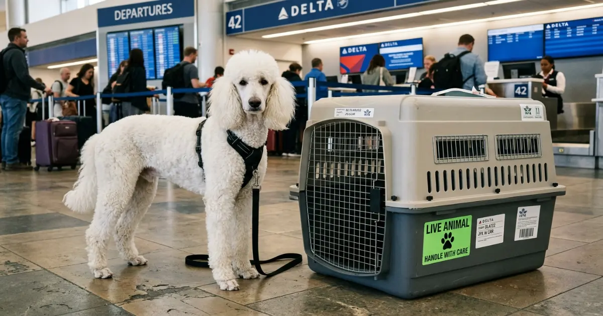 Standard Poodle standing next to a hard-sided IATA-compliant travel crate at an airport cargo check-in counter