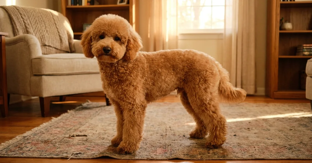poodle in an all-over puppy cut showing even-length hair and rounded face without shaved areas
