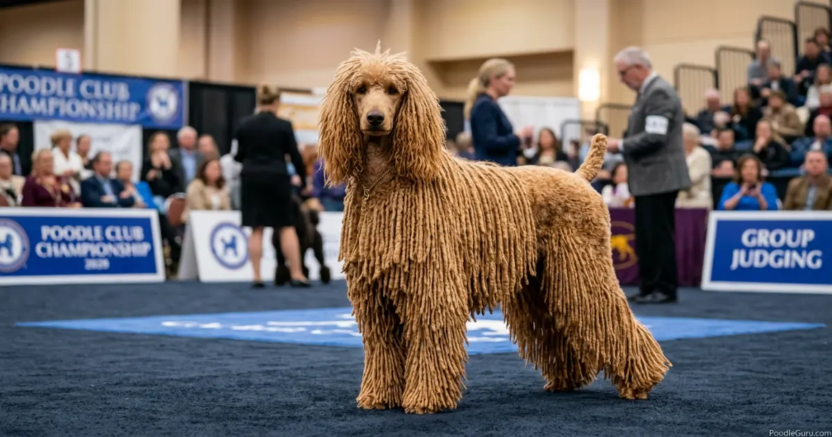 Adult corded poodle standing with mature dreadlock cords