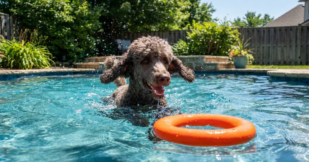 poodle joyfully jumping off a low dock into a lake to retrieve a toy