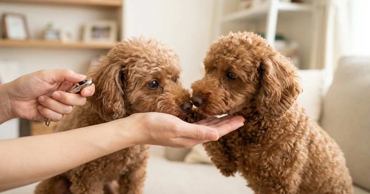 Toy Poodle touching a human hand with her nose during clicker shaping exercise