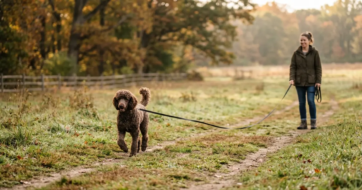 Poodle distracted by something in the distance while owner calls for recall training