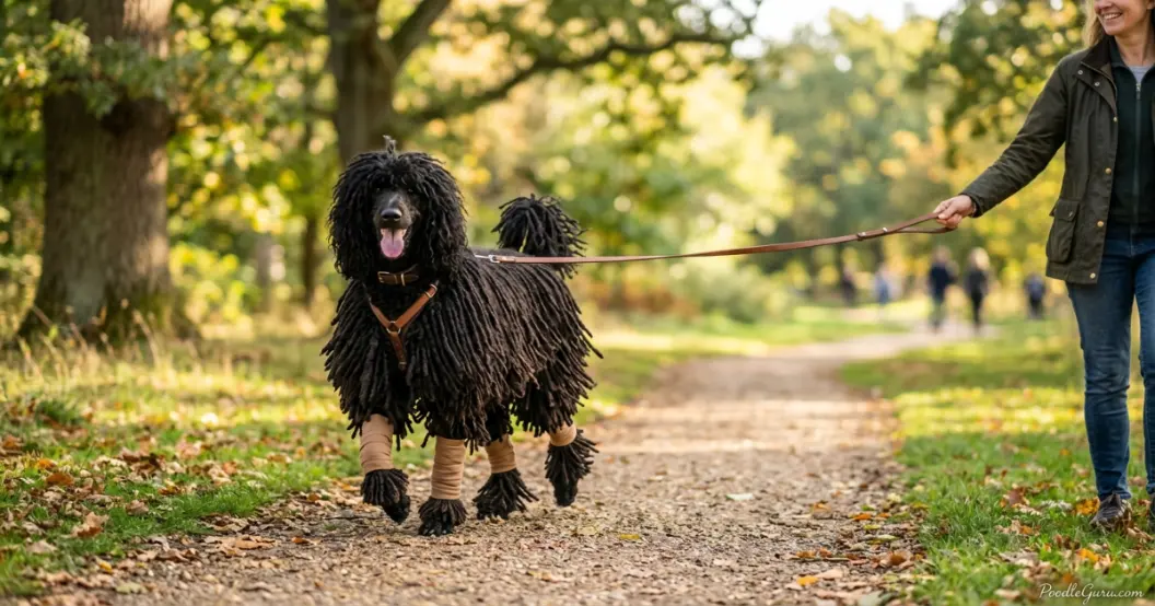 Corded poodle walking in a park with protective cord wraps