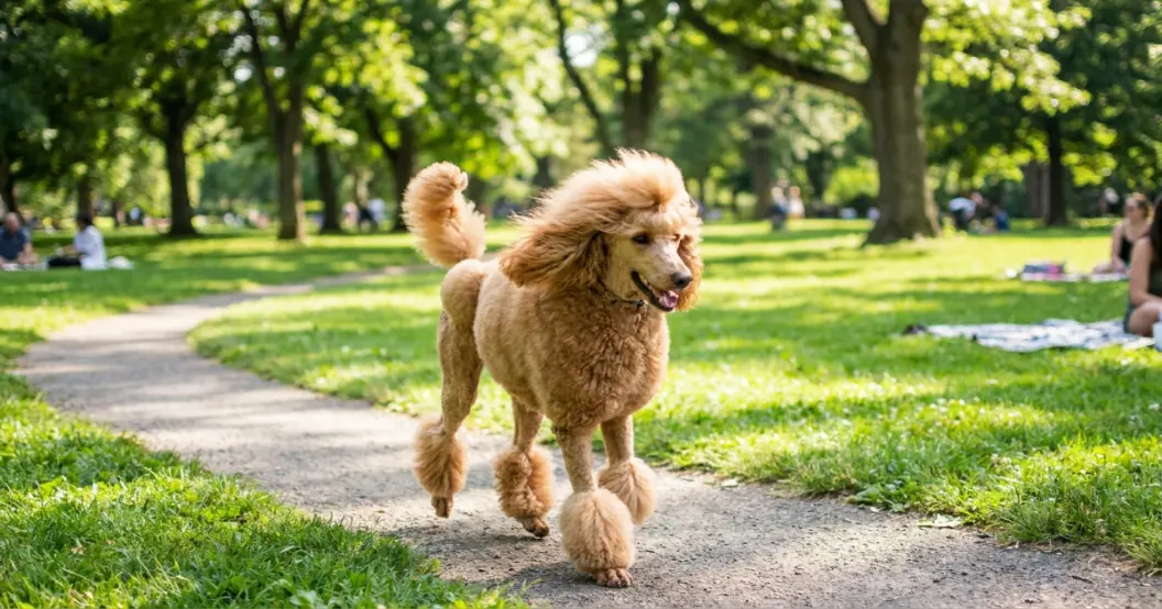 Pet poodle posing in a neat continental clip walking through a grassy park on a sunny day