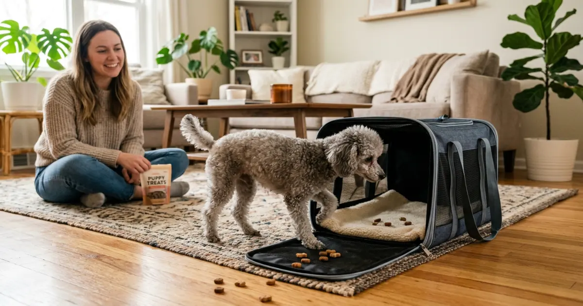 Miniature Poodle comfortably resting inside an open soft-sided travel carrier during home training