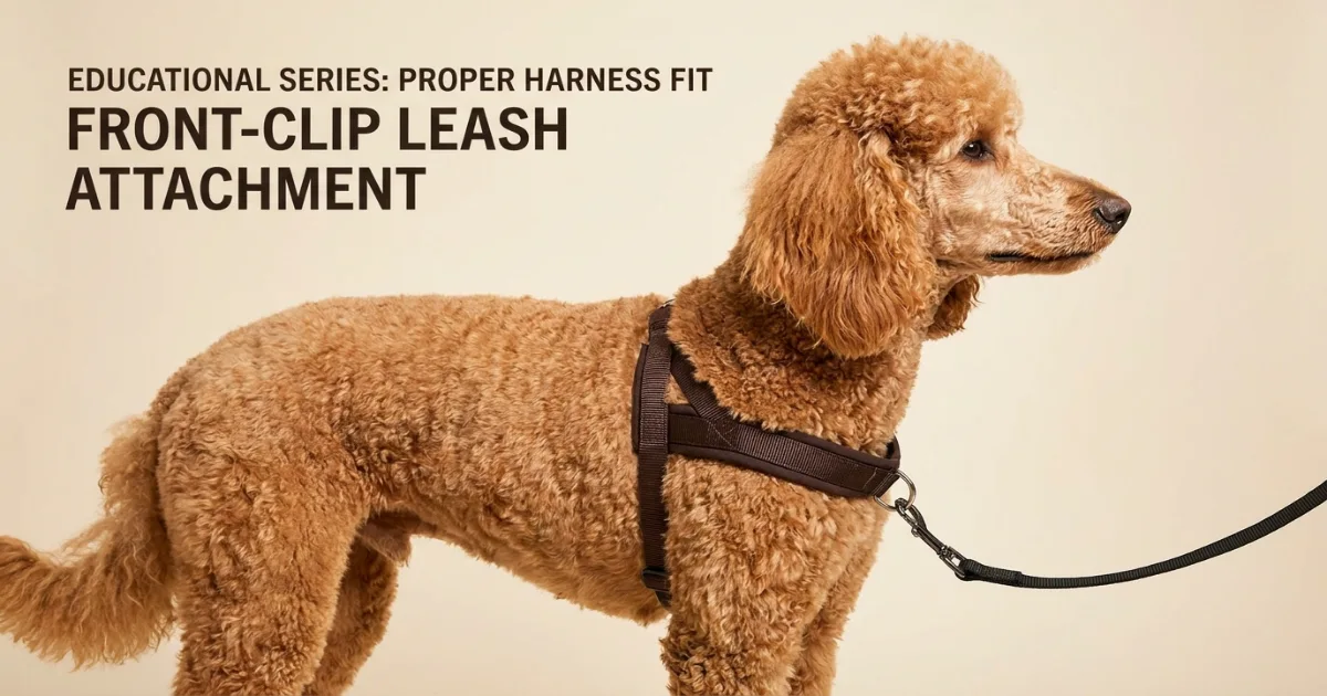 poodle wearing a well-fitted front-clip harness for leash reactivity training