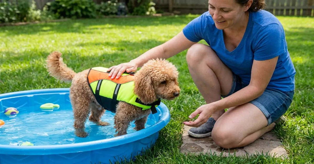 toy poodle wearing a bright orange life vest with handle, standing confidently