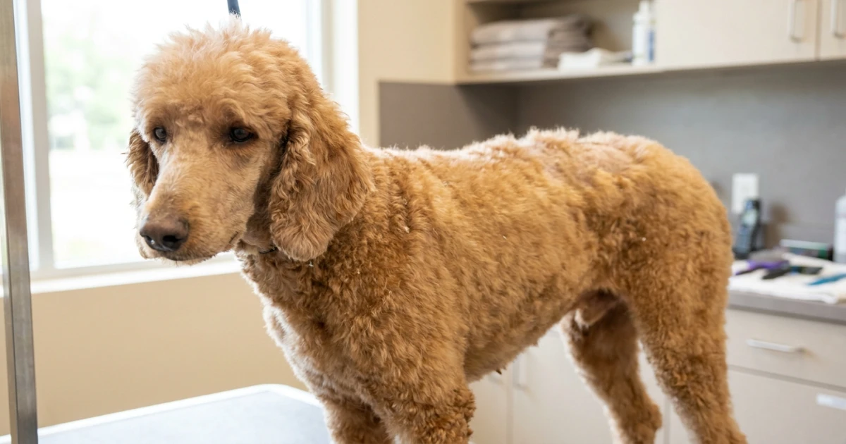 Early visible signs of Poodle sebaceous adenitis including patchy hair thinning and dull coat texture