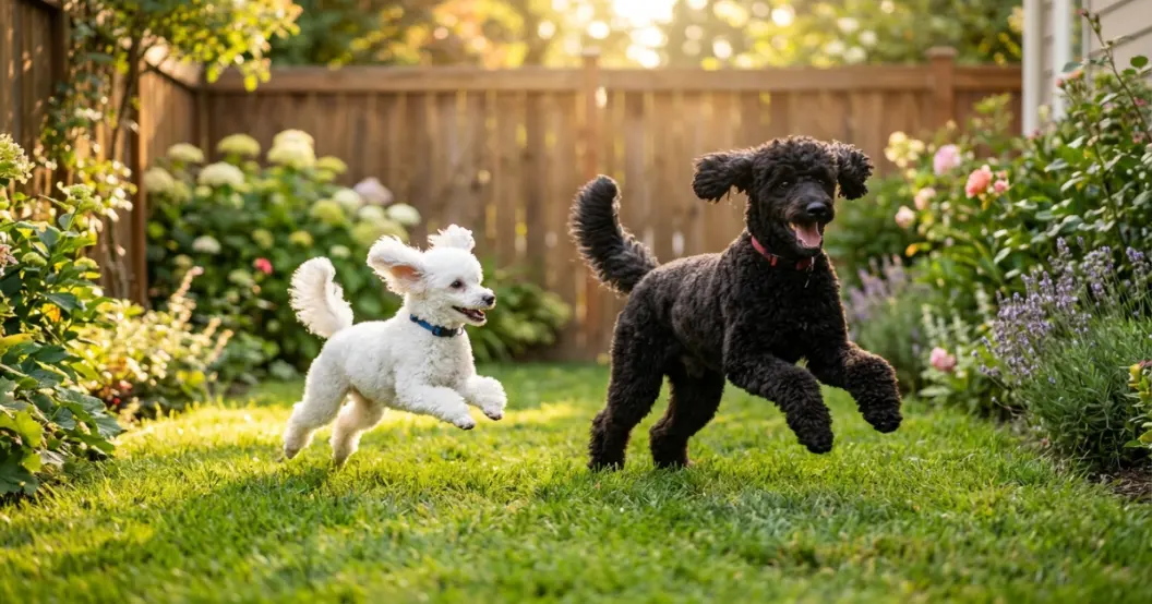 Moyen poodle on an outdoor hiking trail, showcasing its athletic build and stamina