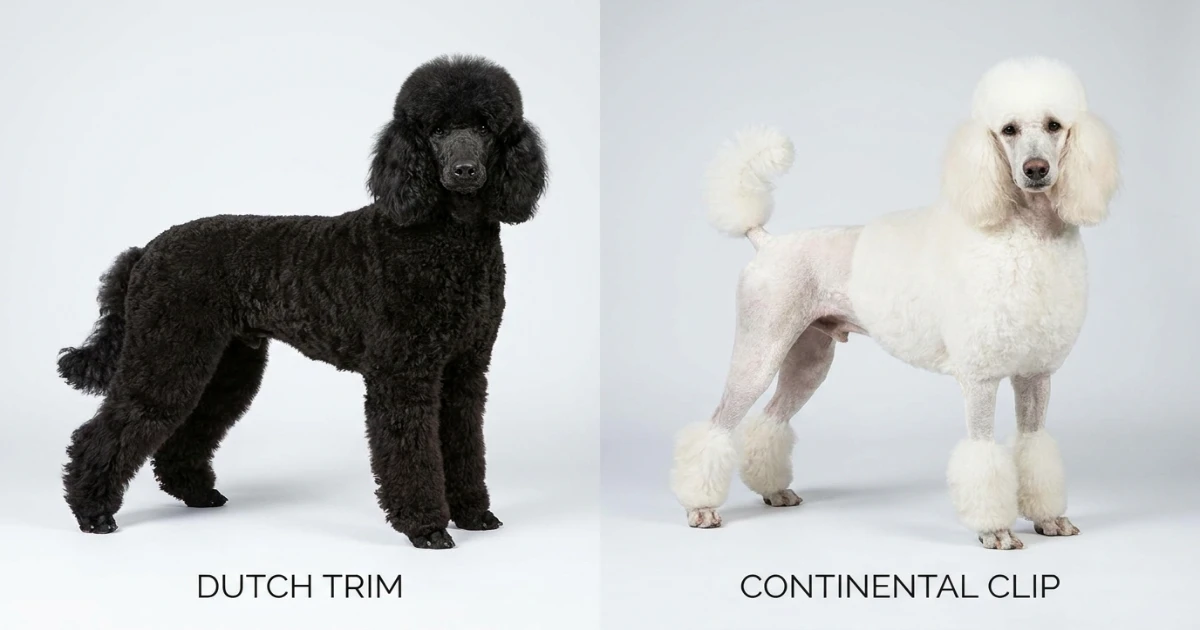 Side-by-side comparison of Poodle Dutch trim and Continental clip