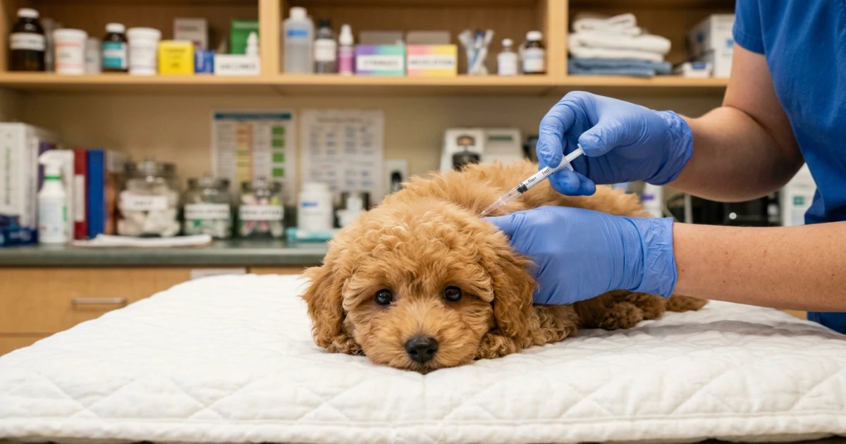 Poodle owner reviewing an itemized veterinary invoice with a receptionist at the clinic front desk