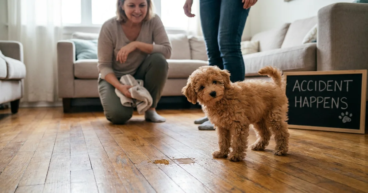 Poodle puppy standing next to a small puddle on the floor with a worried expression, illustrating common potty training accident