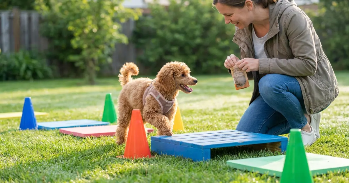 Standard Poodle agility training jumping over a hurdle with focused expression