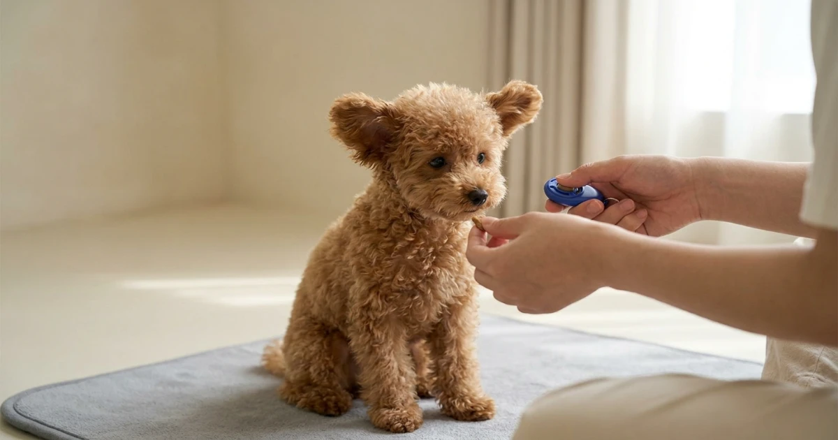 Standard Poodle in a sit position with a clicker and treats on a mat, beginner clicker training at home
