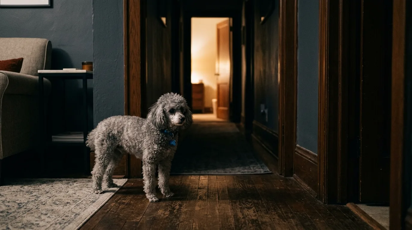 Miniature Poodle hesitating in dimly lit hallway showing early sign of night blindness from progressive retinal atrophy