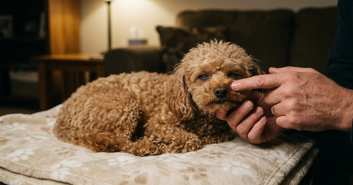 Teacup poodle showing early signs of hypoglycemia, appearing lethargic and weak