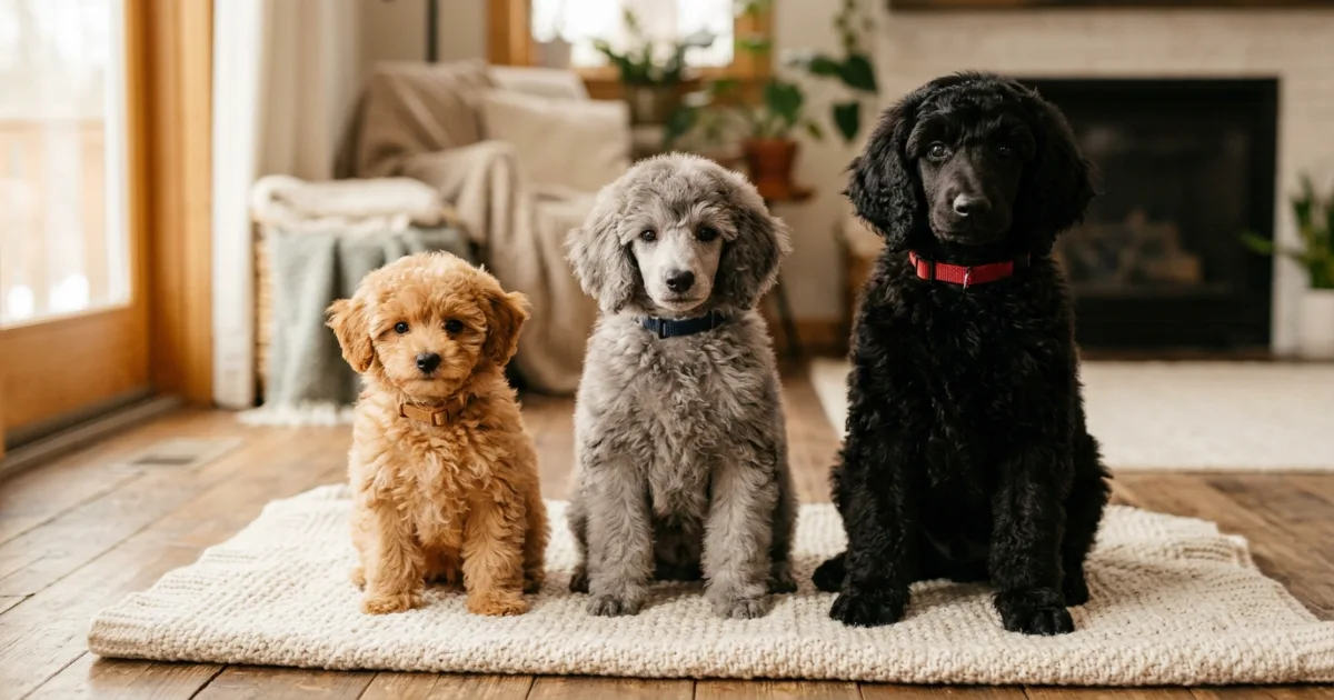 Poodle puppy growth chart showing toy miniature and standard size comparison at different ages