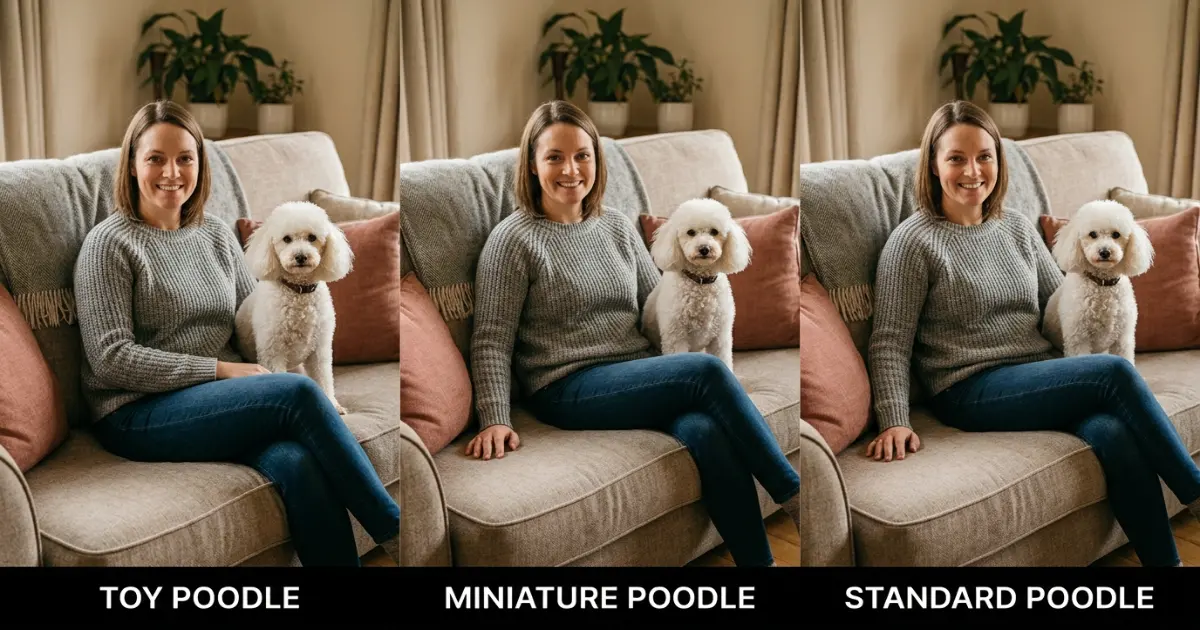 Toy Poodle as emotional support animal on sofa with owner reading