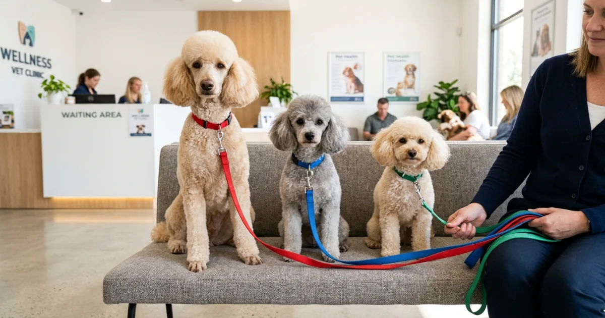 Toy Poodle puppy being gently examined on a veterinary exam table during first vaccination visit