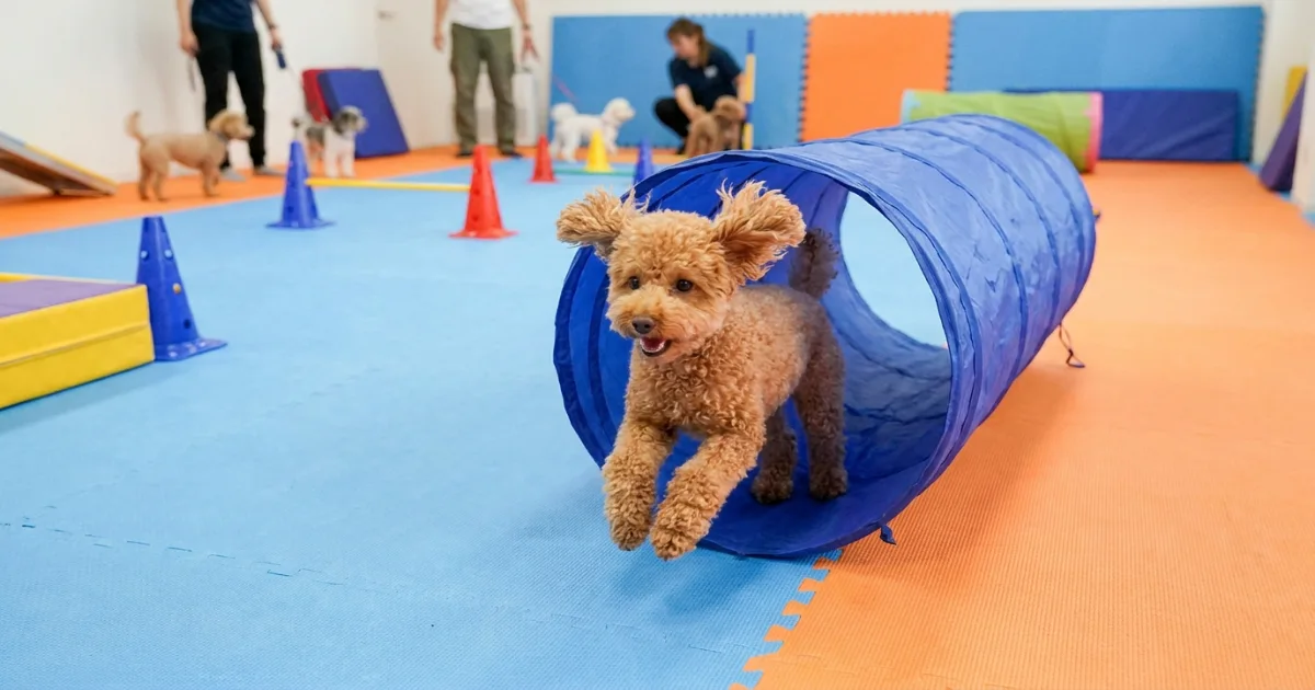 Toy Poodle agility training exiting a bright blue tunnel