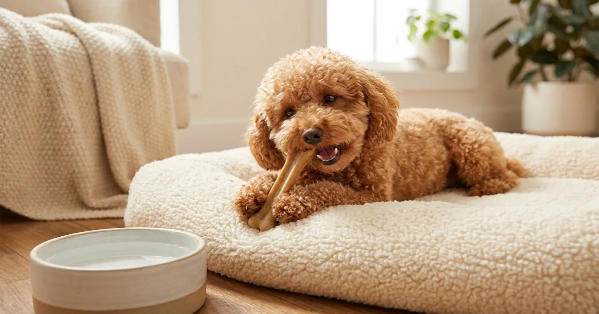 Toy poodle happily chewing on a dental stick safe for tiny breeds
