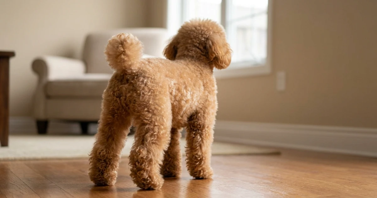 Toy Poodle Dutch trim rear view showing full hindquarters and tail pom