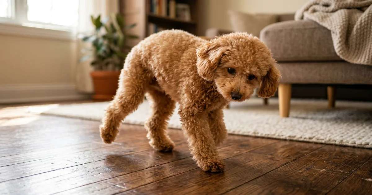 Miniature poodle resting comfortably with a bandaged hind leg after luxating patella surgery
