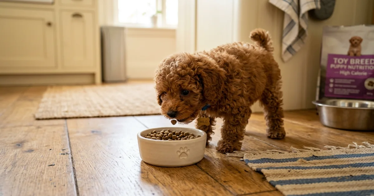Miniature Poodle puppy being weighed on a digital scale during growth tracking
