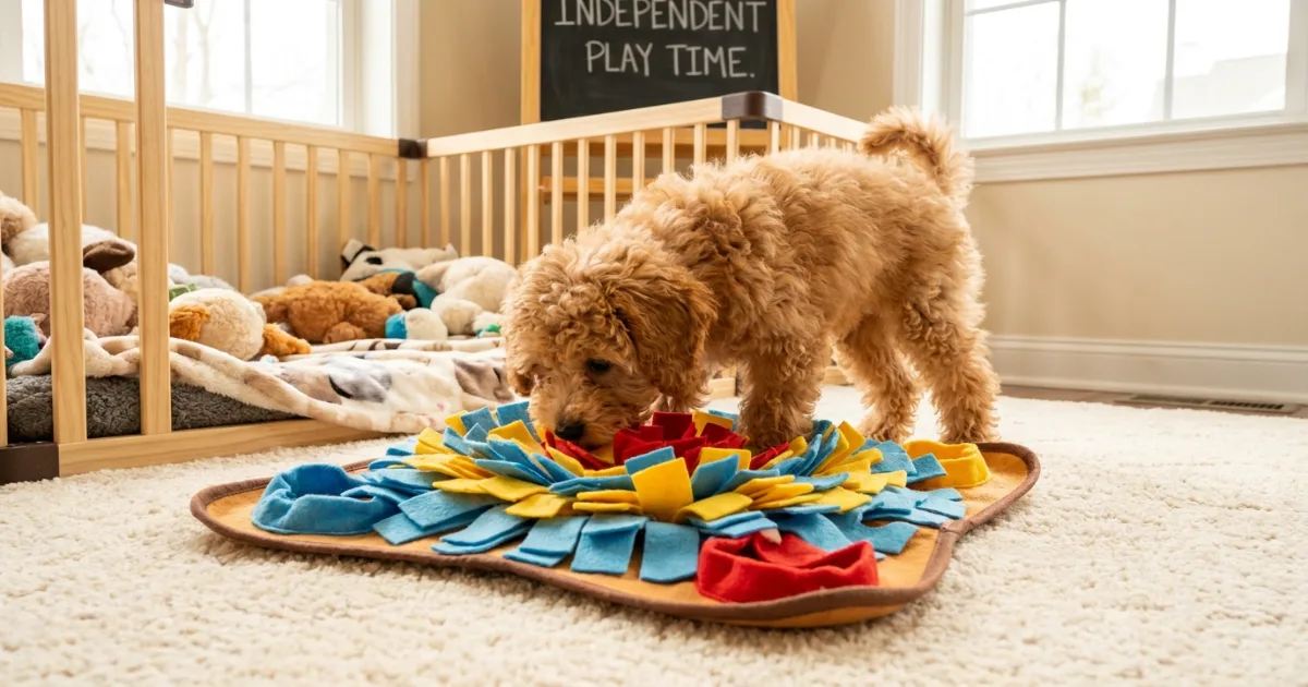 Toy Poodle puppy engaged in independent play with a snuffle mat during separation anxiety prevention training